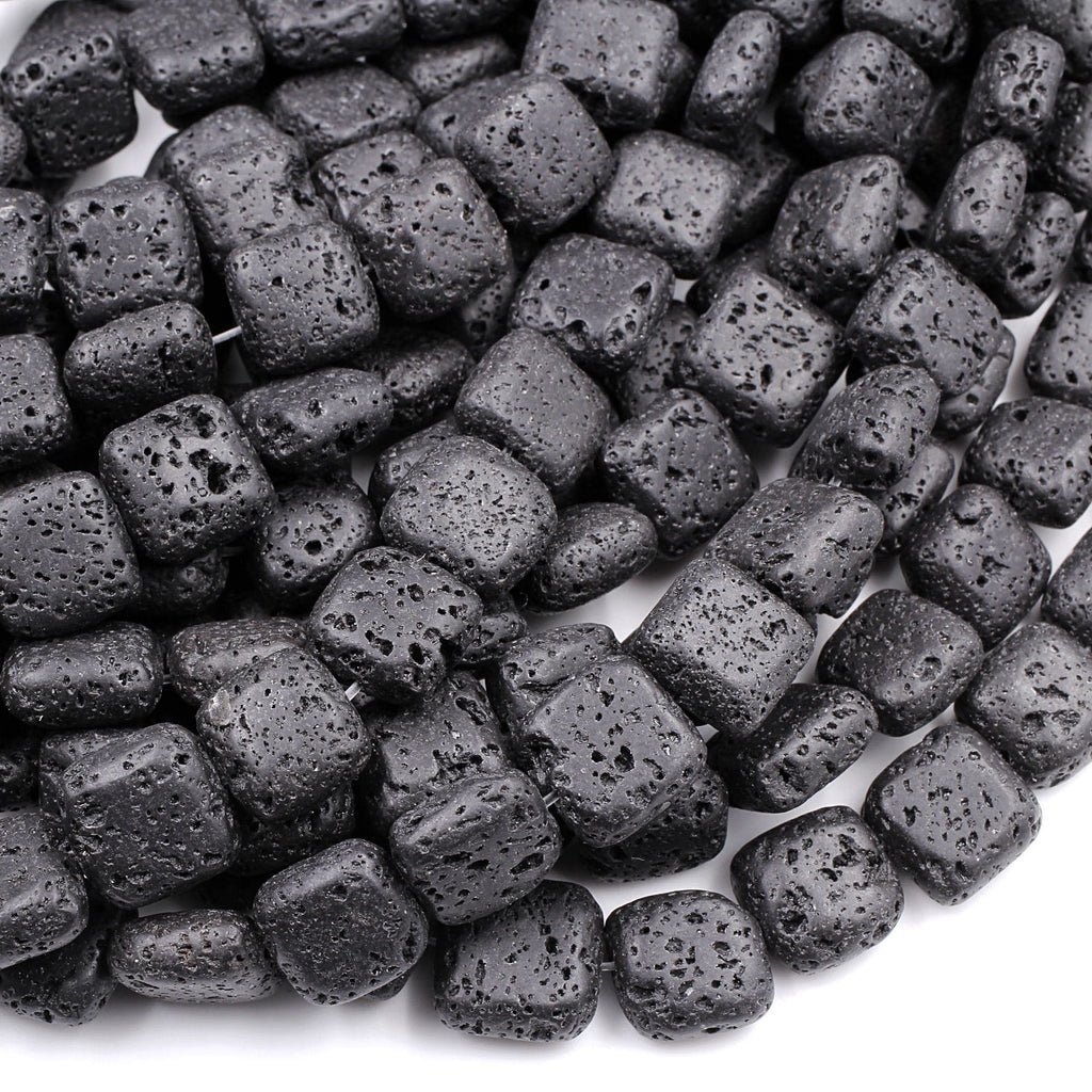 Lava Square Beads Cushion Raw Rough Porous Natural Volcanic Black