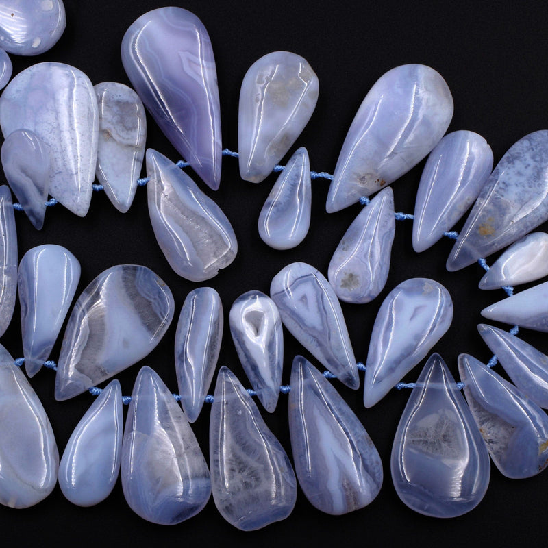 Side Drilled Blue Chalcedony Freeform Teardrop Beads Natural Blue Lace Agate Large Long Focal Pendant Beads Designer Quality 16" Strand