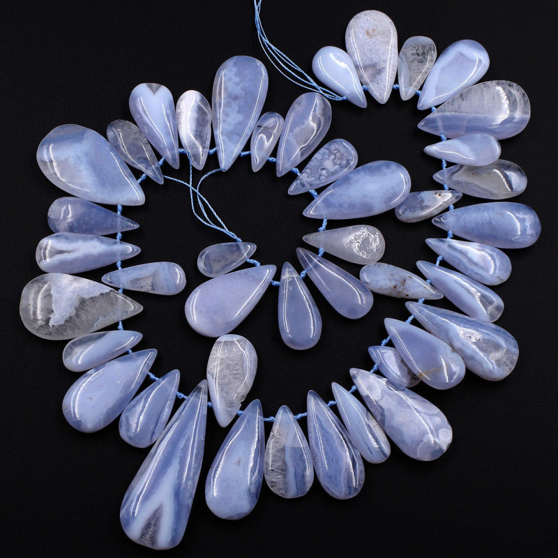 Side Drilled Blue Chalcedony Freeform Teardrop Beads Natural Blue Lace Agate Large Long Focal Pendant Beads Designer Quality 16" Strand