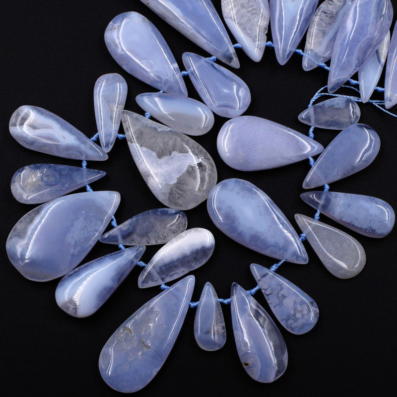 Side Drilled Blue Chalcedony Freeform Teardrop Beads Natural Blue Lace Agate Large Long Focal Pendant Beads Designer Quality 16" Strand