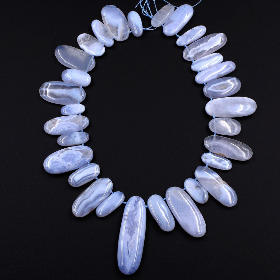 Side Drilled Blue Chalcedony Freeform Long Oval Beads Natural Blue Lace Agate Large Long Focal Pendant Beads Designer Quality 16" Strand