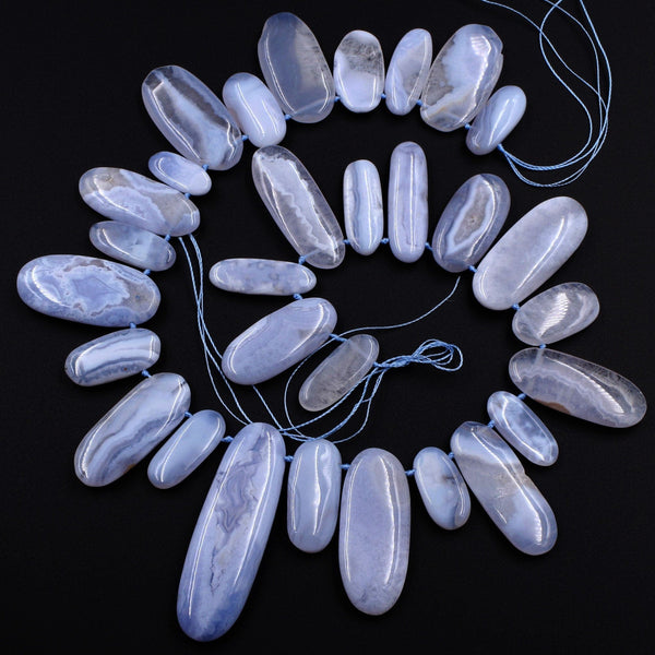Side Drilled Blue Chalcedony Freeform Long Oval Beads Natural Blue Lace Agate Large Long Focal Pendant Beads Designer Quality 16" Strand