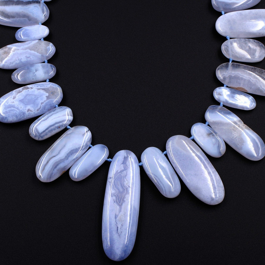 Side Drilled Blue Chalcedony Freeform Long Oval Beads Natural Blue Lace Agate Large Long Focal Pendant Beads Designer Quality 16" Strand
