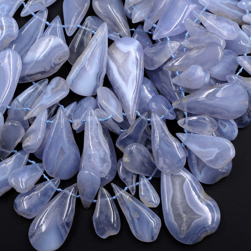 Side Drilled Blue Chalcedony Freeform Teardrop Beads Natural Blue Lace Agate Large Long Focal Pendant Beads Designer Quality 16" Strand