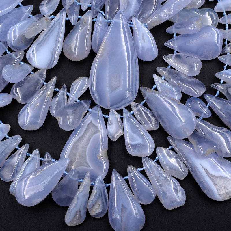 Side Drilled Blue Chalcedony Freeform Teardrop Beads Natural Blue Lace Agate Large Long Focal Pendant Beads Designer Quality 16" Strand