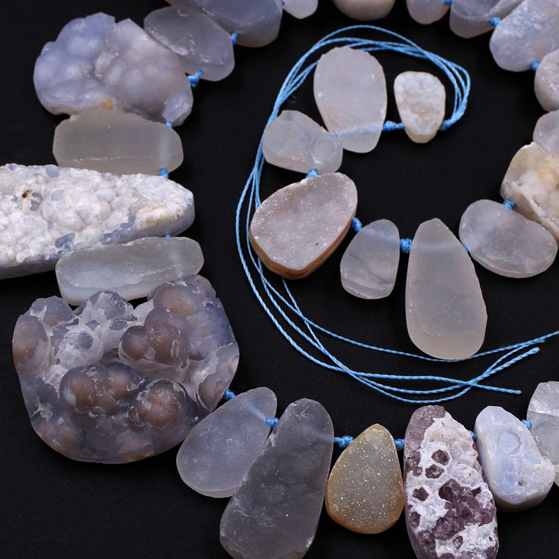 Rare Natural Blue Chalcedony Druzy Drusy Beads Hand Cut Oval Teardrop Vertically Drilled Sparkling Crystal Beads 16" Full Strand