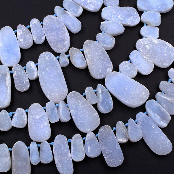 Rare Natural Blue Chalcedony Druzy Drusy Beads Hand Cut Teardrop Side Drilled Sparkling Crystal Beads 16" Full Strand