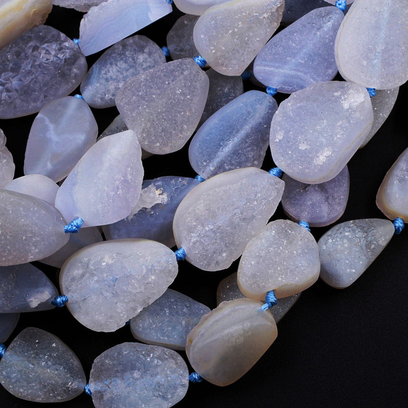 Rare Natural Blue Chalcedony Druzy Drusy Beads Hand Cut Oval Teardrop Vertically Drilled Sparkling Crystal Beads 16" Full Strand