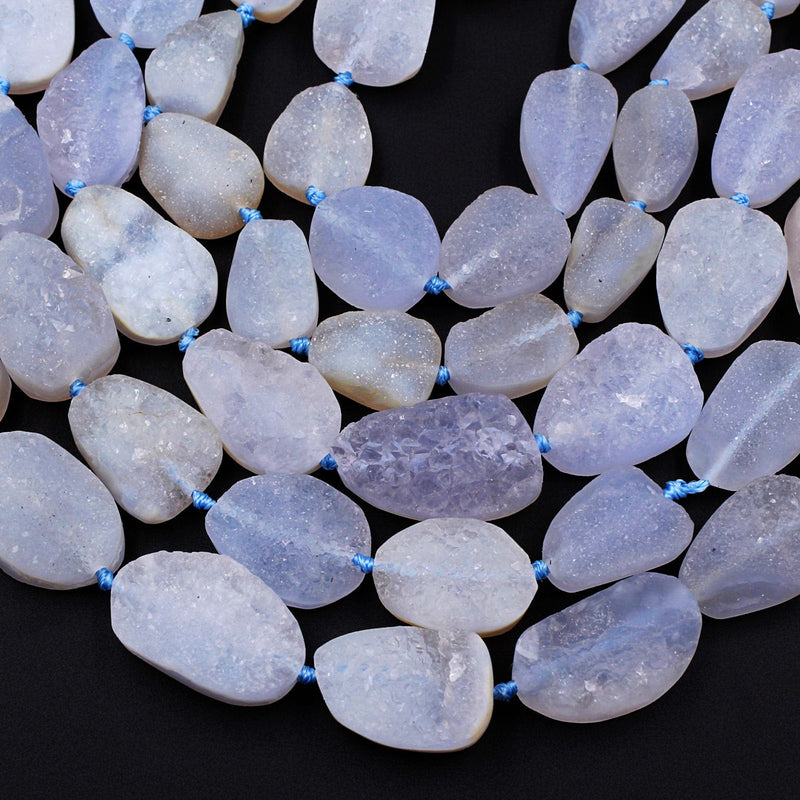 Rare Natural Blue Chalcedony Druzy Drusy Beads Hand Cut Oval Teardrop Vertically Drilled Sparkling Crystal Beads 16" Full Strand