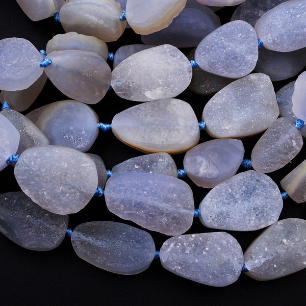 Rare Natural Blue Chalcedony Druzy Drusy Beads Hand Cut Oval Teardrop Vertically Drilled Sparkling Crystal Beads 16" Full Strand