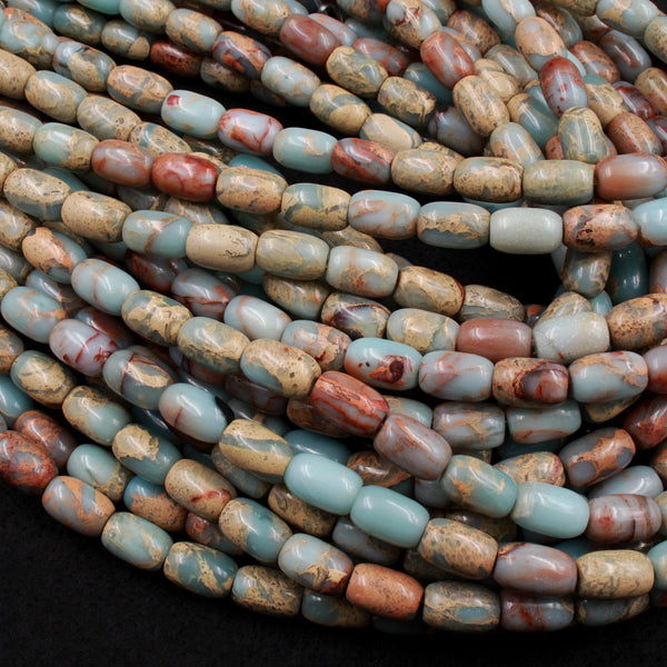 Genuine Natural Snake Skin Jasper Beads Drum Barrel 12x8mm Earthy Blue Rusty Red Brown Tan Stone Aka African Blue Opal 16" Strand