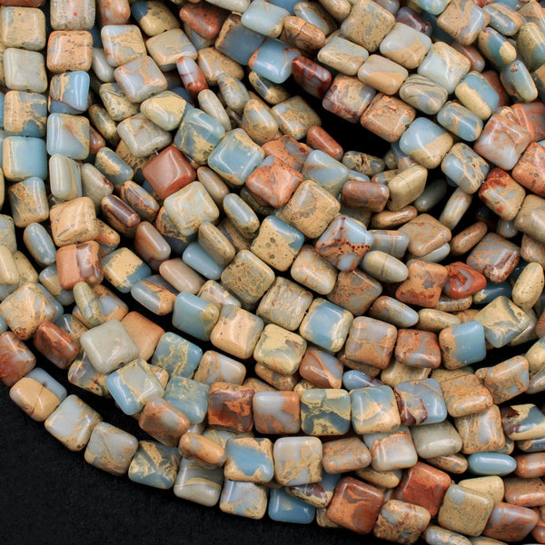 Genuine Natural Snake Skin Jasper Square Cushion Beads Earthy Blue Rusty Red Brown Tan Stone Aka African Blue Opal 16" Strand