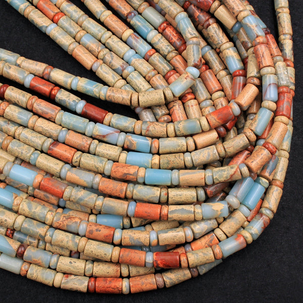 Genuine Natural Snake Skin Jasper Tube Cylinder Rondelle Beads Earthy Blue Rusty Red Brown Tan Stone Aka African Opal 16" Strand