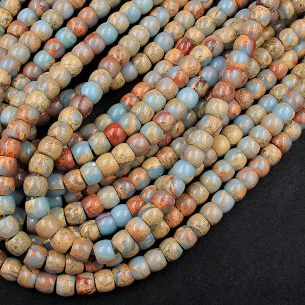 Genuine Natural Snake Skin Jasper Rondelle Drum Beads Earthy Blue Rusty Red Brown Tan Stone Aka African Opal 16" Strand