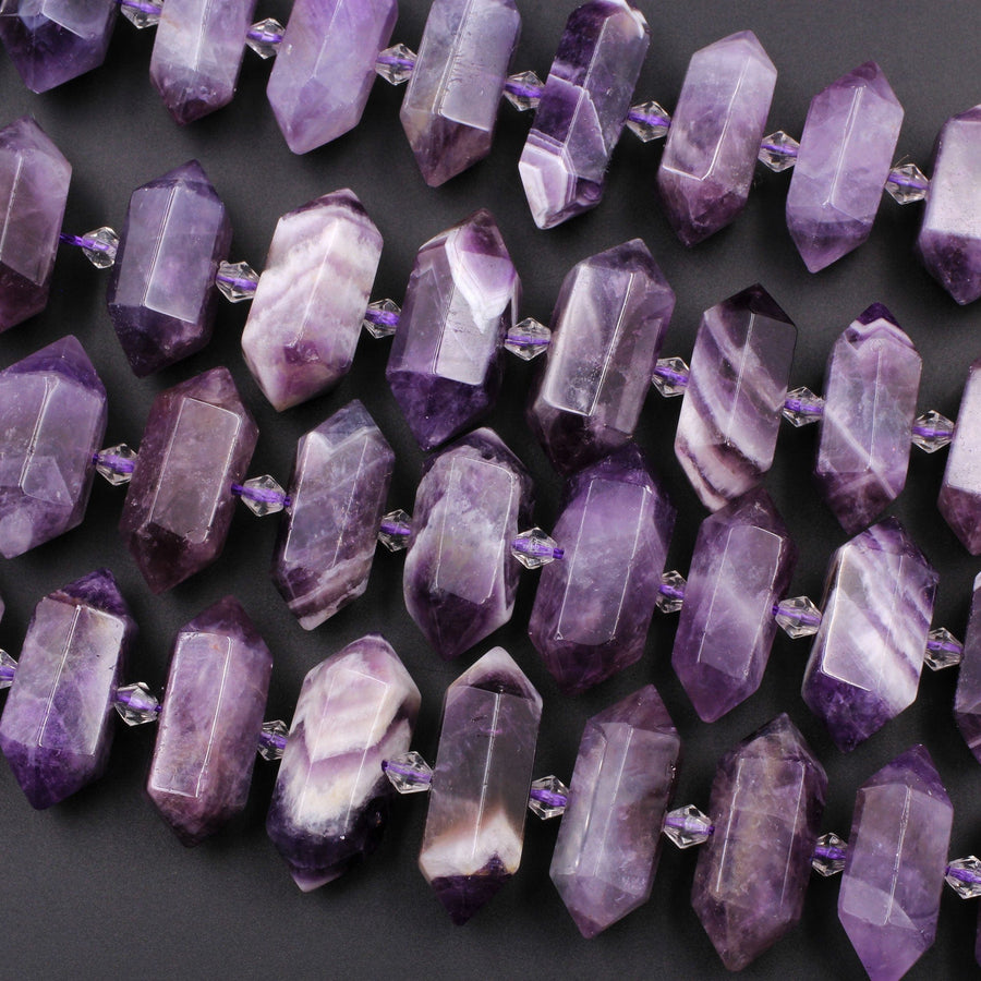 Natural Purple Chevron Amethyst Faceted Double Terminated Pointed Center Drilled Large Healing Amethyst Crystal Focal Pendant 16" Strand
