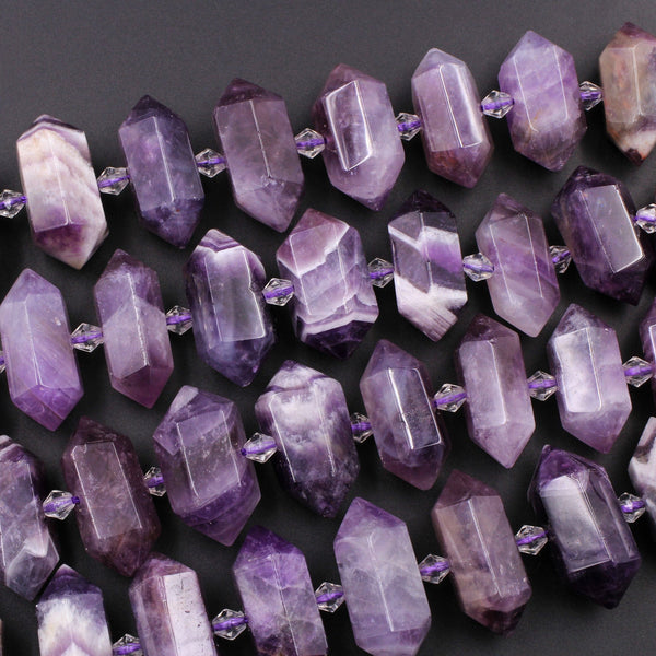 Natural Purple Chevron Amethyst Faceted Double Terminated Pointed Center Drilled Large Healing Amethyst Crystal Focal Pendant 16" Strand