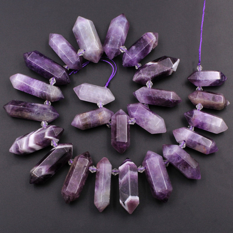 Natural Purple Chevron Amethyst Faceted Double Terminated Pointed Side Drilled Large Healing Amethyst Crystal Focal Pendant 16" Strand