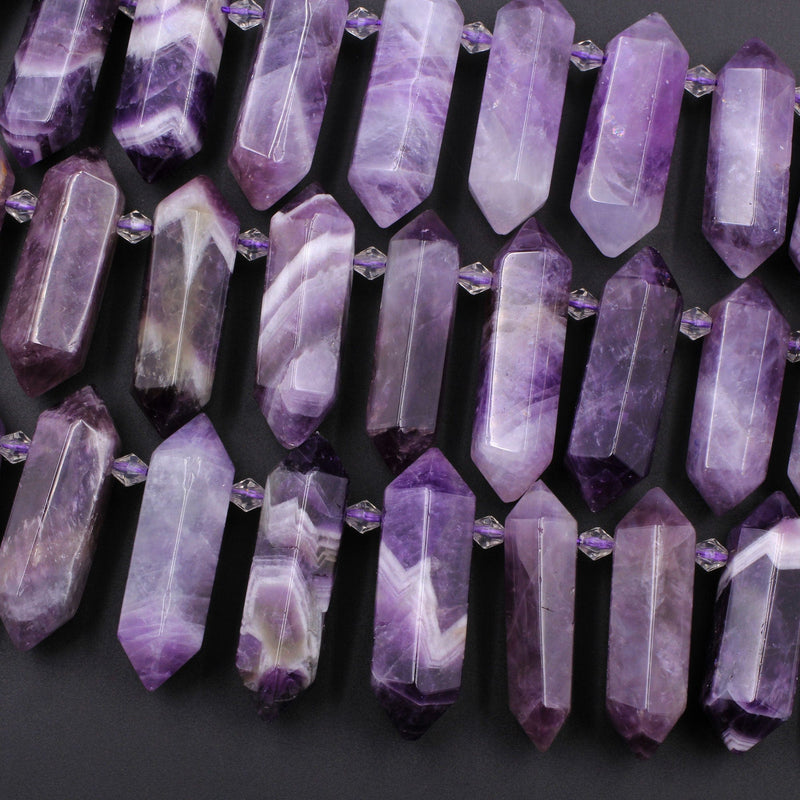 Natural Purple Chevron Amethyst Faceted Double Terminated Pointed Side Drilled Large Healing Amethyst Crystal Focal Pendant 16" Strand