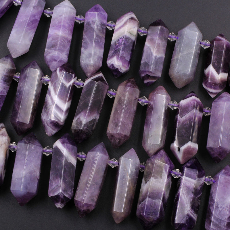 Natural Purple Chevron Amethyst Faceted Double Terminated Pointed Side Drilled Large Healing Amethyst Crystal Focal Pendant 16" Strand