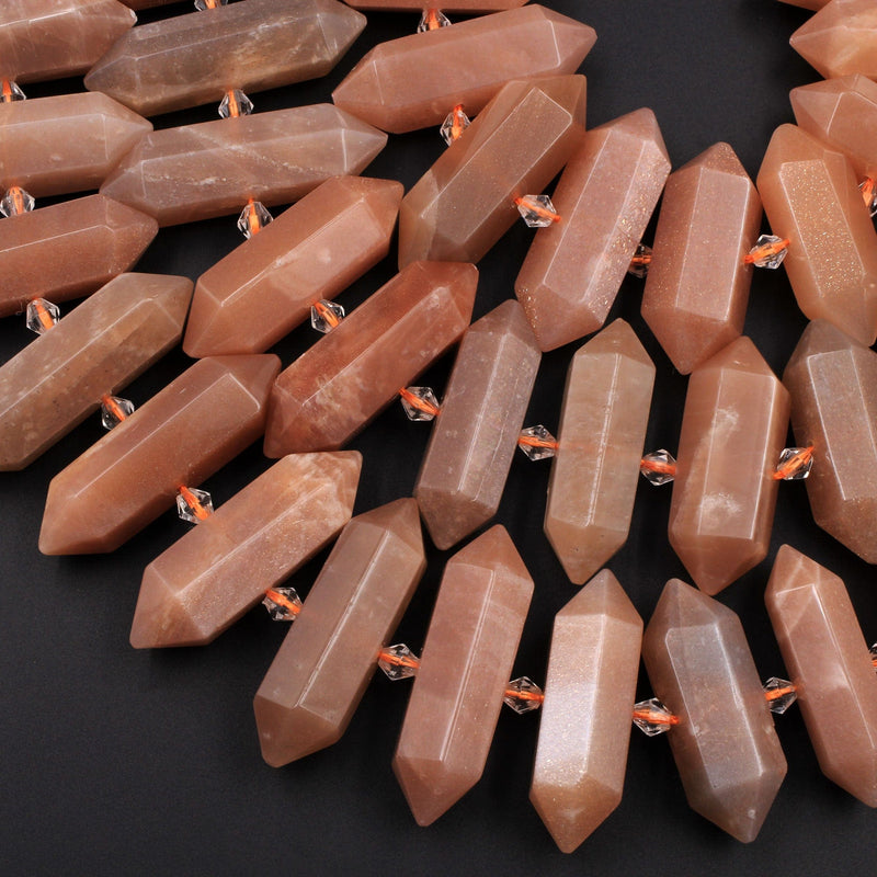 Natural Peach Moonstone Faceted Double Terminated Point Beads Bullet Bicone Center Drilled Large Glittering Feldspar Pendant 16" Strand