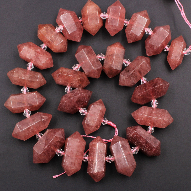 Natural Strawberry Lepidocrocite Quartz Faceted Double Terminated Point Center Drilled Short Focal Pendant Bead Pink Red Point 15.5" Strand