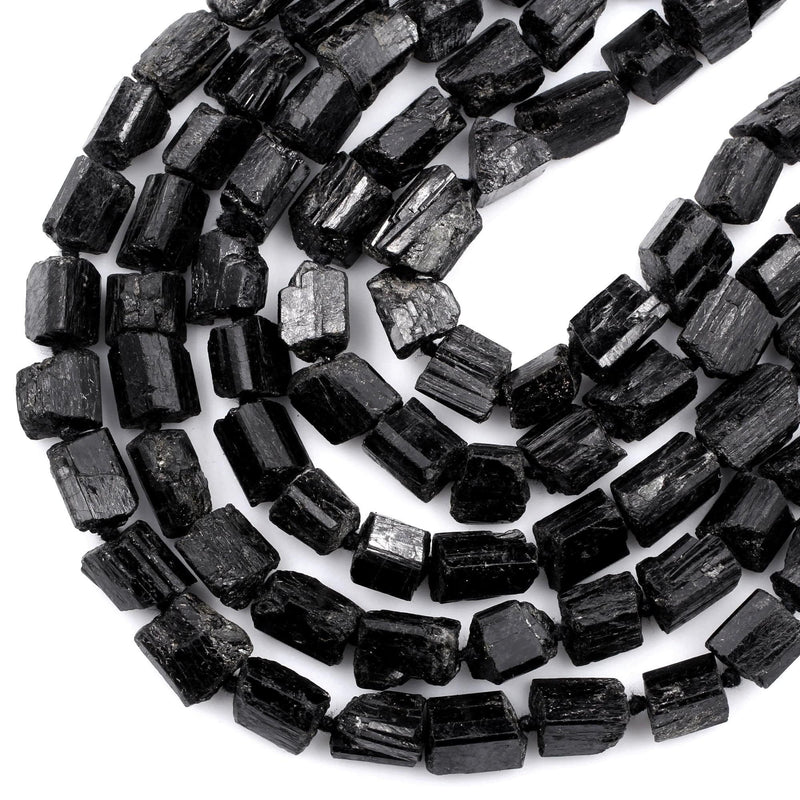Drilled Raw Natural Black Tourmaline Beads Tube Nugget Real Genuine Black Tourmaline Freeform Crystal Shaped Gemstones 16" Strand
