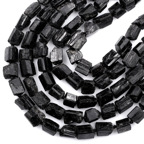 Drilled Raw Natural Black Tourmaline Beads Tube Nugget Real Genuine Black Tourmaline Freeform Crystal Shaped Gemstones 16" Strand