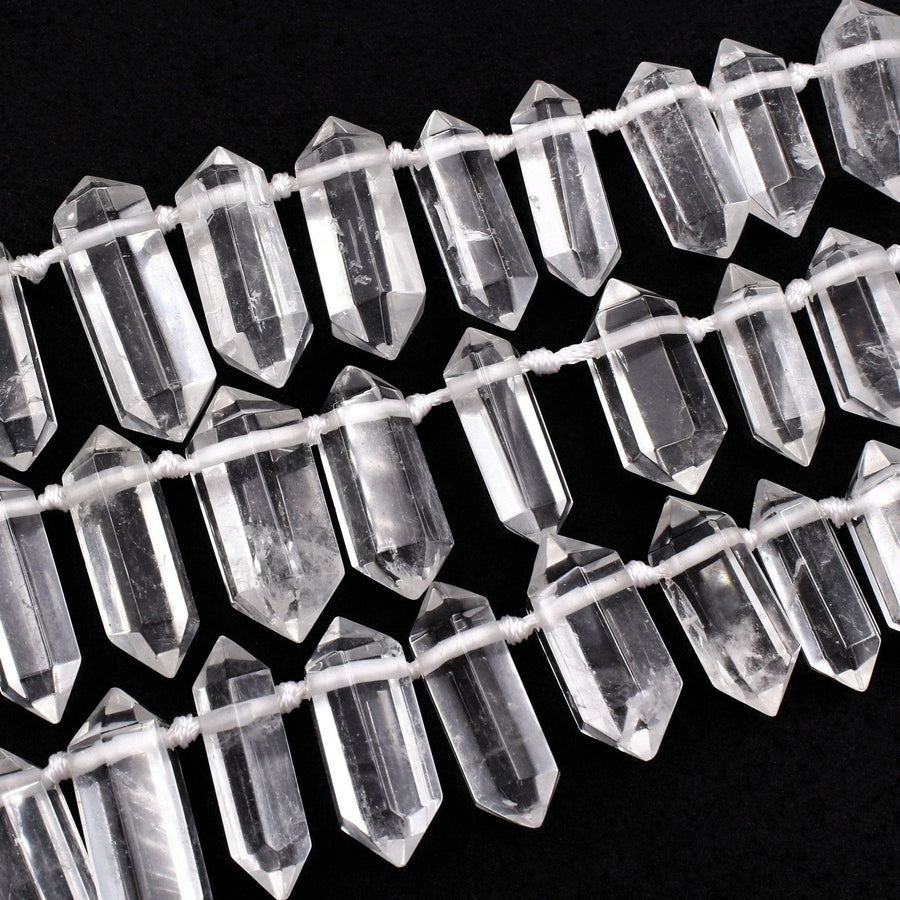 Rock Crystal Quartz Beads Faceted Double Terminated Points Large Top Side Drilled Healing Natural Quartz Focal Pendant Bead 16" Strand