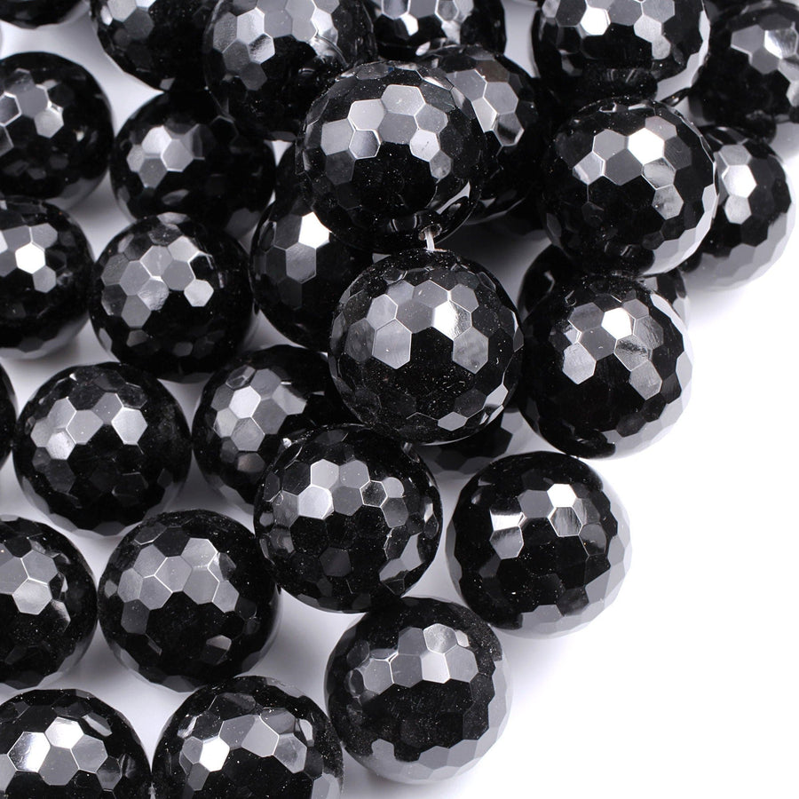 AAA Grade Large Natural Black Onyx Faceted 24mm Round Beads Huge High Quality Natural Black Gemstone W Dazzling Facets  16" Strand
