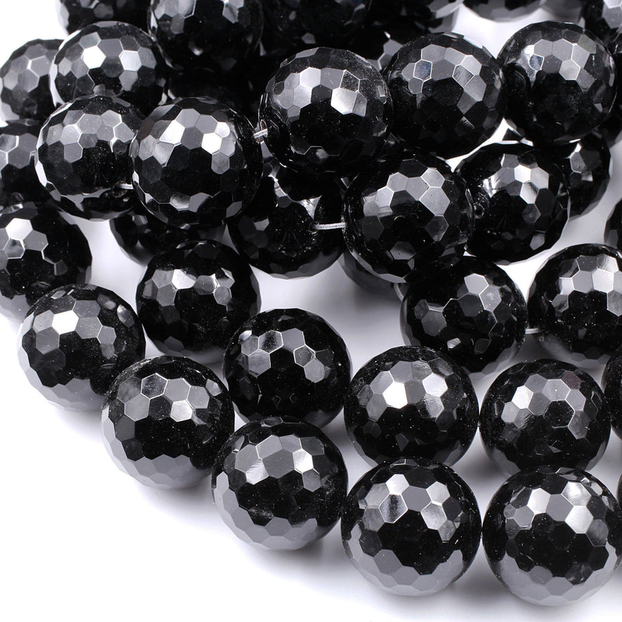 AAA Grade Large Natural Black Onyx Faceted 24mm Round Beads Huge High Quality Natural Black Gemstone W Dazzling Facets  16" Strand