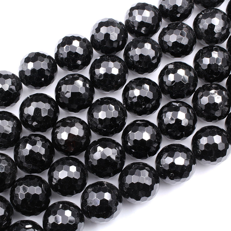 AAA Grade Large Natural Black Onyx Faceted 24mm Round Beads Huge High Quality Natural Black Gemstone W Dazzling Facets  16" Strand