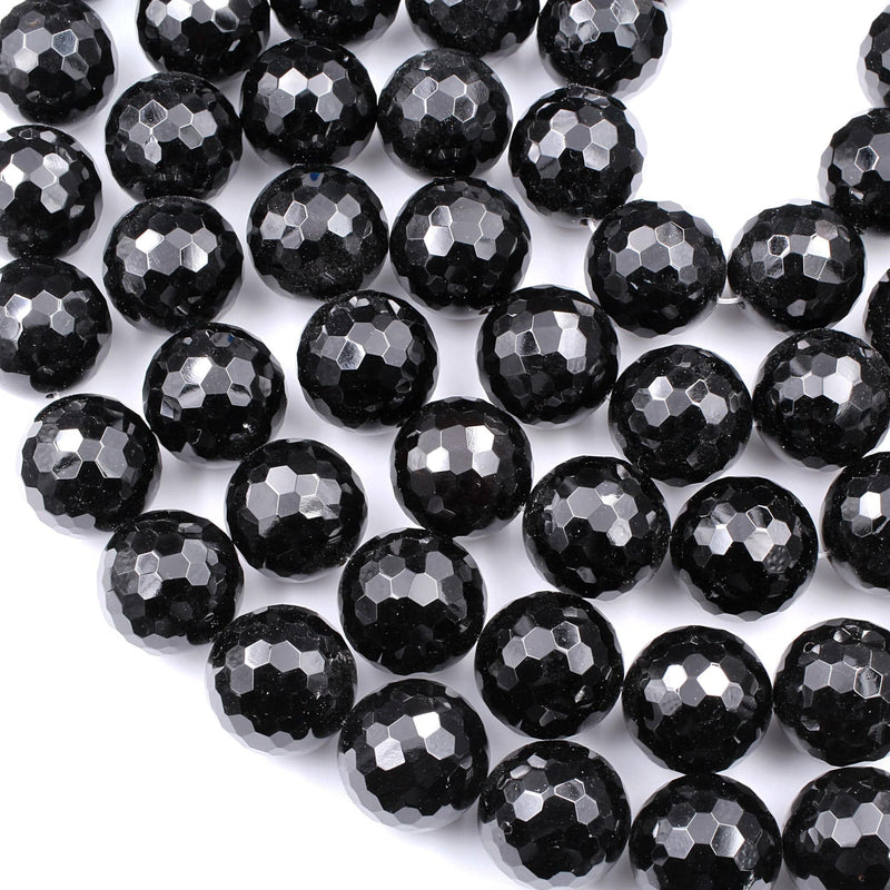 AAA Grade Large Natural Black Onyx Faceted 24mm Round Beads Huge High Quality Natural Black Gemstone W Dazzling Facets  16" Strand