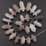Natural Grey Peach Moonstone Faceted Double Terminated Point Bullet Bicone Top Drilled Focal Pendant Beads 16" Strand