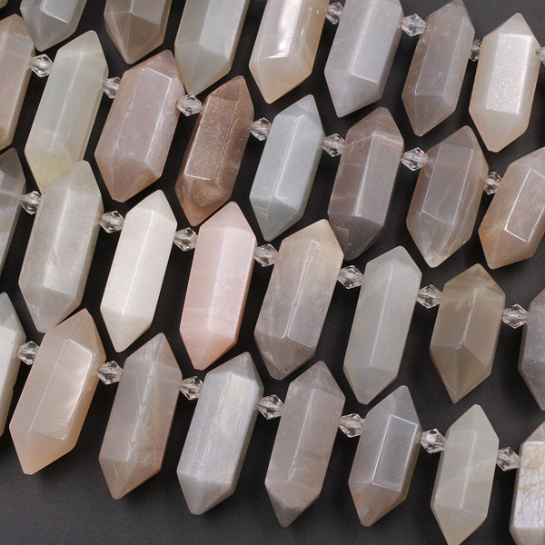 Natural Grey Peach Moonstone Faceted Double Terminated Point Bullet Bicone Top Drilled Focal Pendant Beads 16" Strand