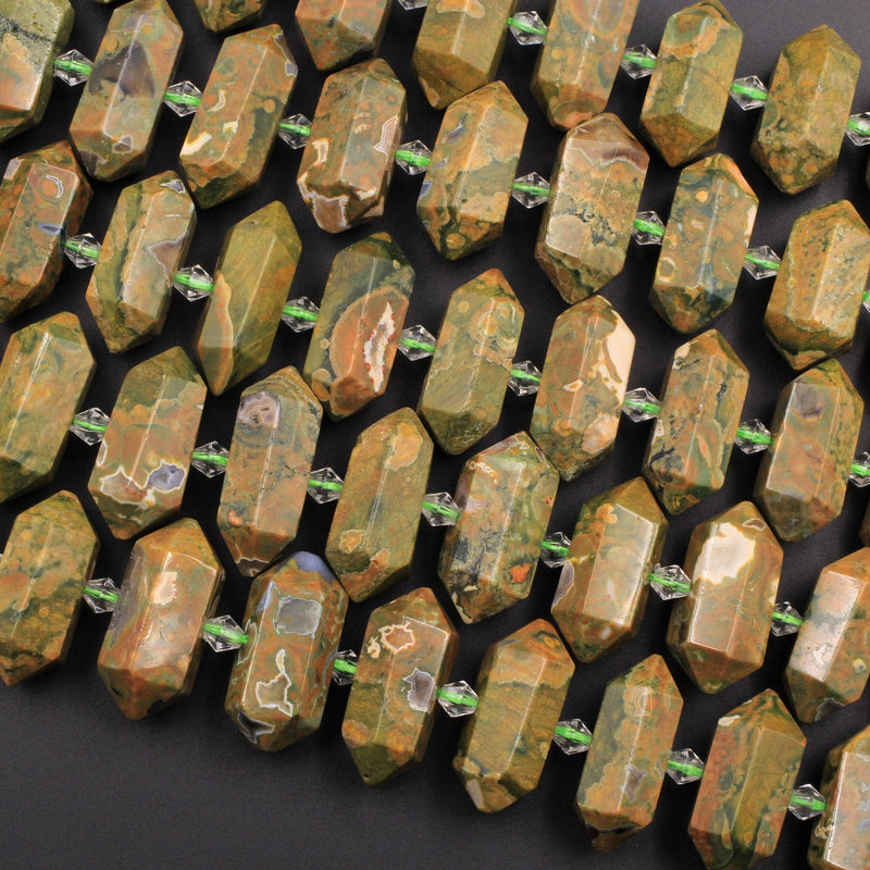 Natural Rainforest Rhyolite Jasper Faceted Double Terminated Pointed Tips Center Drilled Healing Focal Pendant Bead 16" Strand