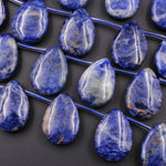 Large Natural Blue Sodalite Teardrop Pendant Beads Top Side Drilled Focal Denim Blue Pear Gemstone 15.5" Strand