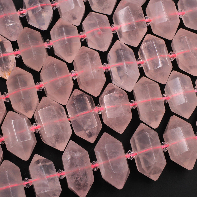 Natural Pink Rose Quartz Faceted Double Terminated Points Center Drilled Focal Pendant Bead Bullet Bicone 15.5" Strand