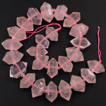 Natural Pink Rose Quartz Faceted Double Terminated Points Center Drilled Focal Pendant Bead Bullet Bicone 15.5" Strand