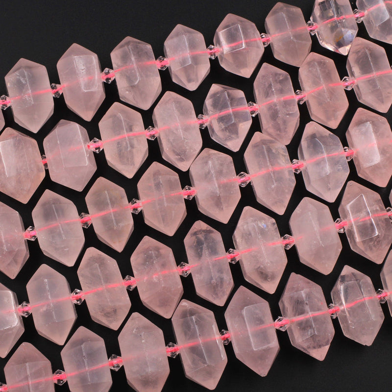 Natural Pink Rose Quartz Faceted Double Terminated Points Center Drilled Focal Pendant Bead Bullet Bicone 15.5" Strand