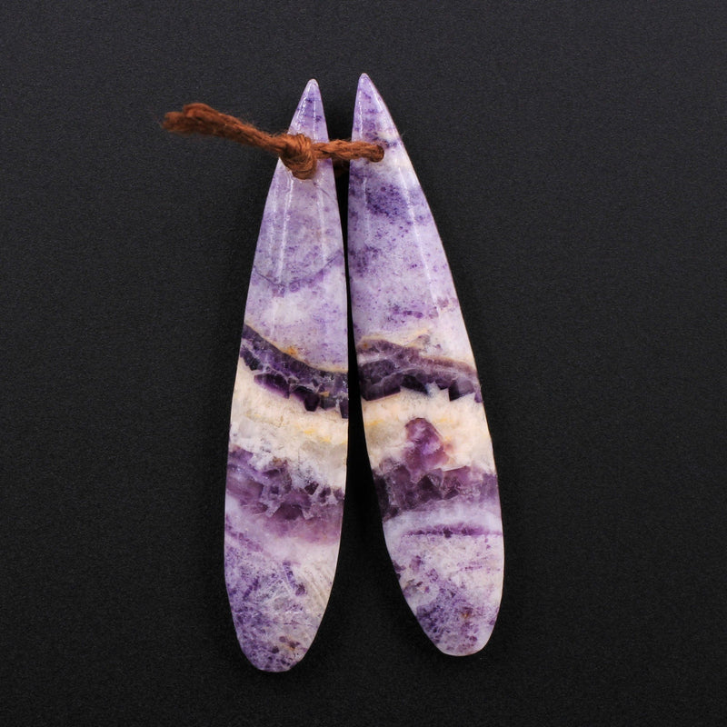 Natural Petrified Purple Fluorite Earring Pair Skinny Long Teardrop Cabochon Cab Pair Drilled Matched Earrings Bead Pair Stone