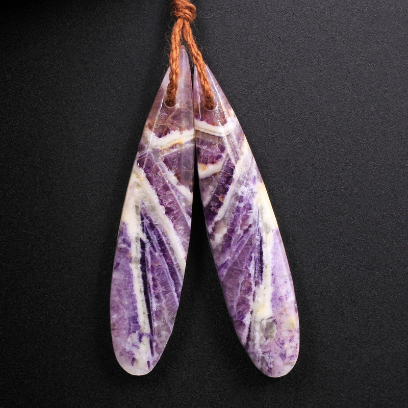 Natural Petrified Purple Fluorite Earring Pair Skinny Long Teardrop Cabochon Cab Pair Drilled Matched Earrings Bead Pair Stone