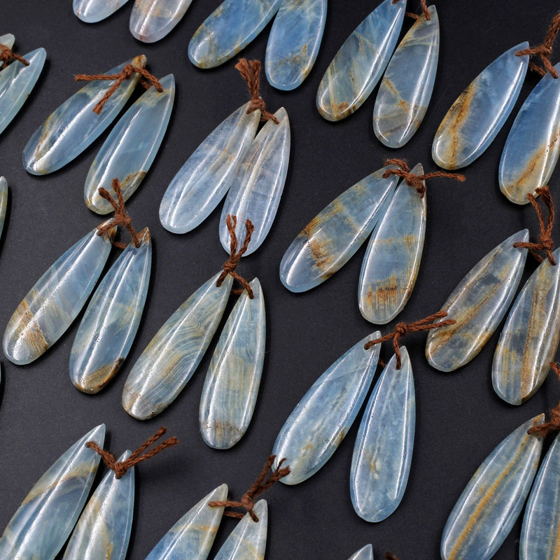 Rare Natural Blue Calcite Teardrop Earring Pairs Drilled Cabochon Cab Matched Earring Beads Pairs