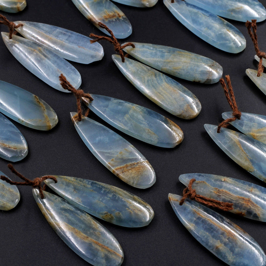 Rare Natural Blue Calcite Teardrop Earring Pairs Drilled Cabochon Cab Matched Earring Beads Pairs