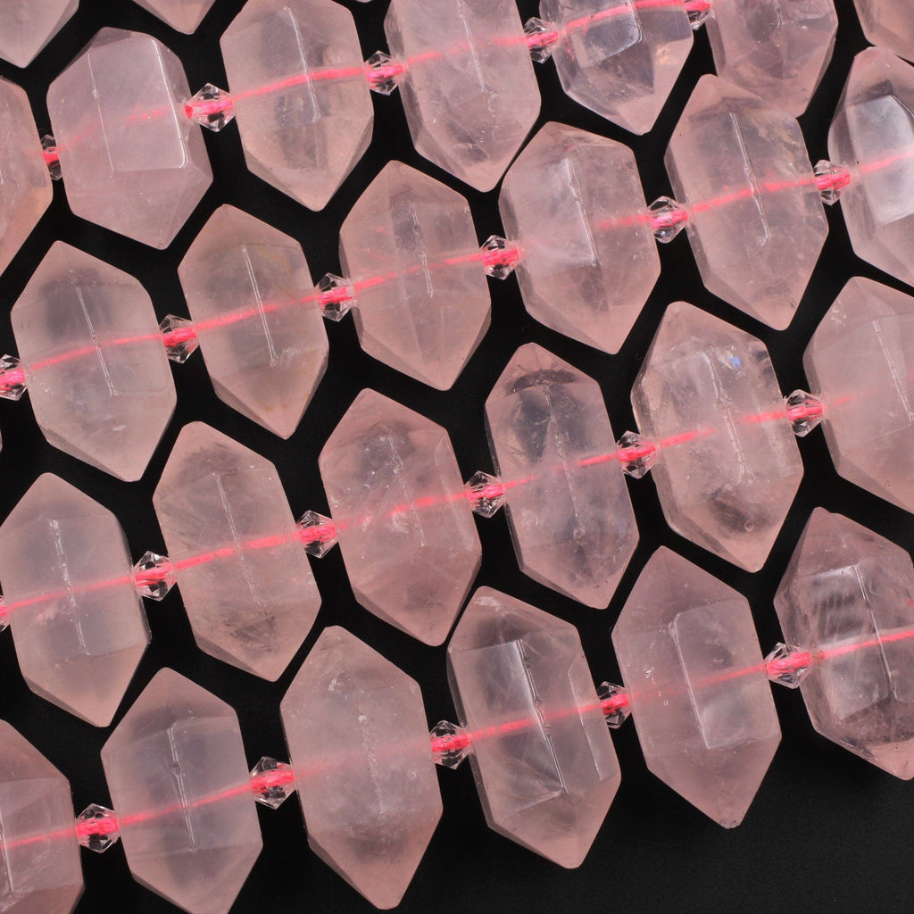 Natural Pink Rose Quartz Faceted Double Terminated Points Center Drilled Focal Pendant Bead Bullet Bicone 15.5" Strand