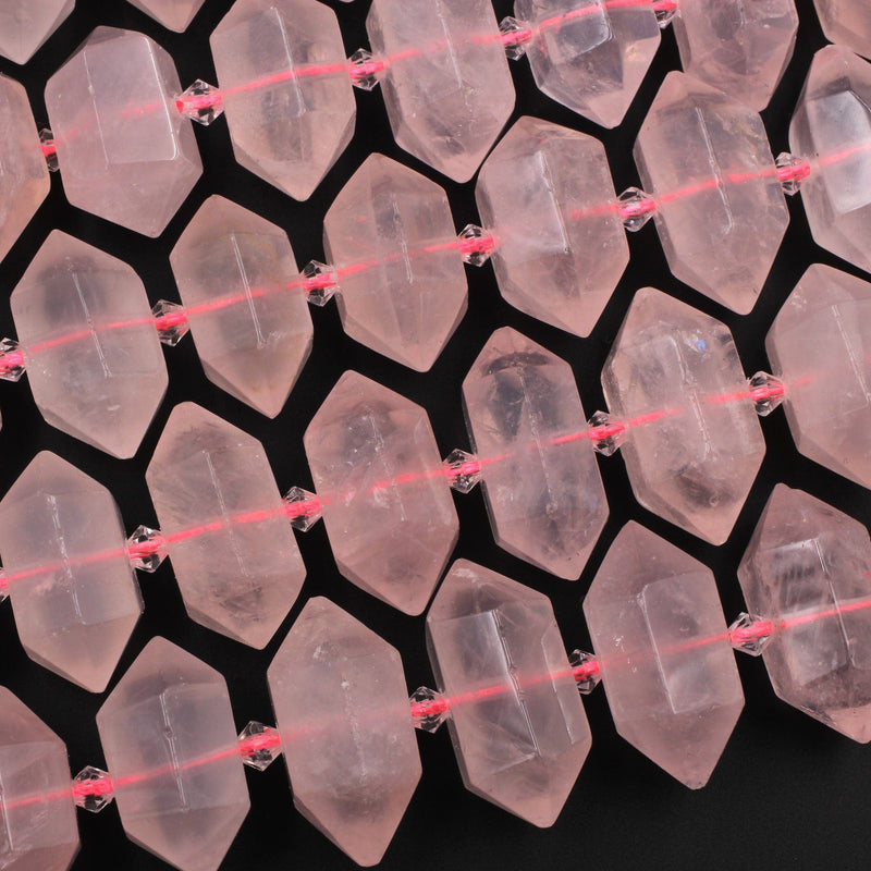 Natural Pink Rose Quartz Faceted Double Terminated Points Center Drilled Focal Pendant Bead Bullet Bicone 15.5" Strand