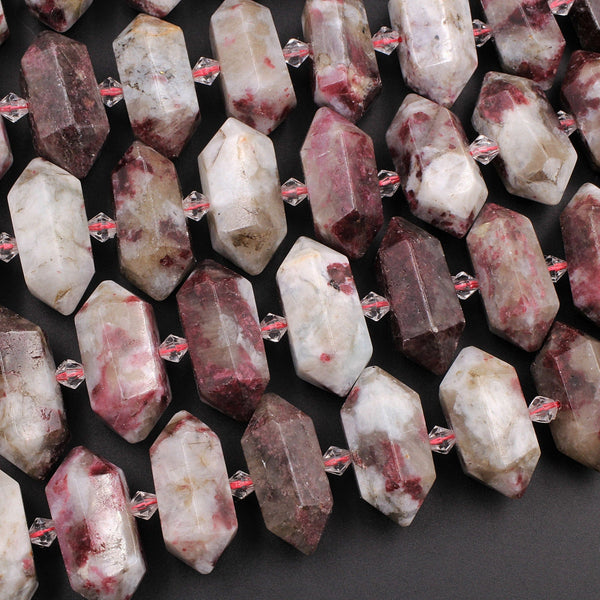 Natural Pink Tourmaline in Quartz Faceted Double Terminated Point Bullet Bicone Short Center Drilled Focal Pendant 16" Strand