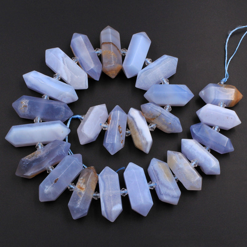 Natural Blue Chalcedony Faceted Double Terminated Points Center Drilled Focal Pendant Bead Bullet Bicone 16" Strand