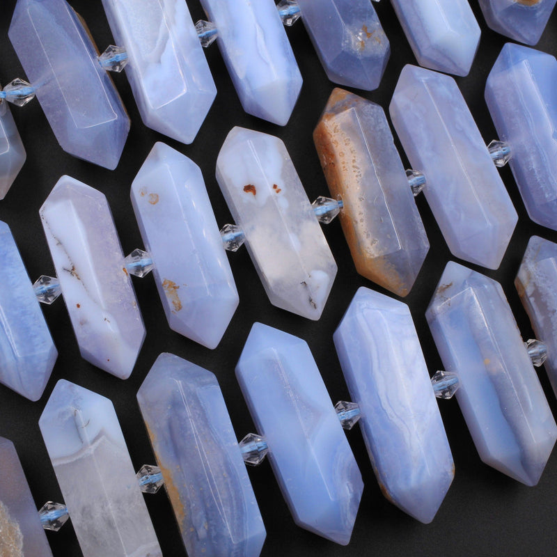 Natural Blue Chalcedony Faceted Double Terminated Points Center Drilled Focal Pendant Bead Bullet Bicone 16" Strand