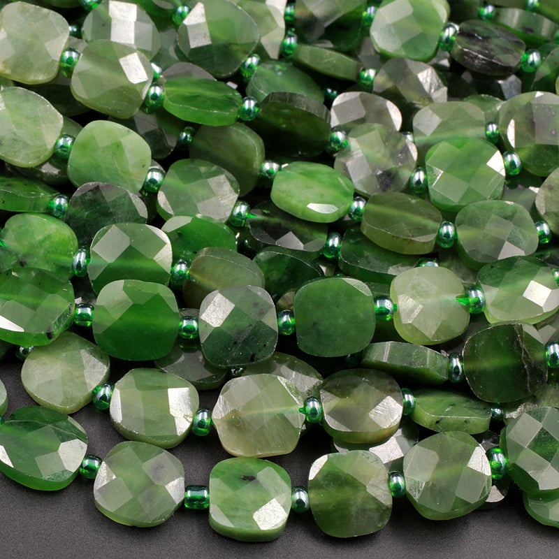 Natural Canadian Green Jade Faceted Square Coin Laser Diamond Cut Real Genuine Green Jade Sharp Facets Gemstone Beads 15.5" Strand