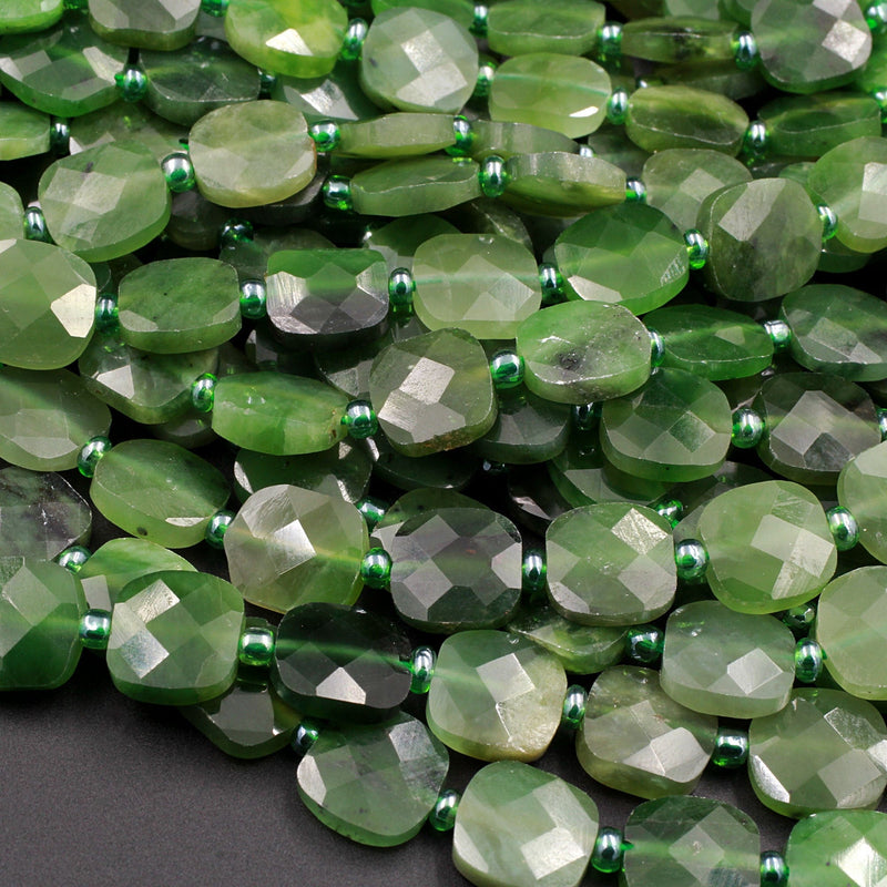 Natural Canadian Green Jade Faceted Square Coin Laser Diamond Cut Real Genuine Green Jade Sharp Facets Gemstone Beads 15.5" Strand